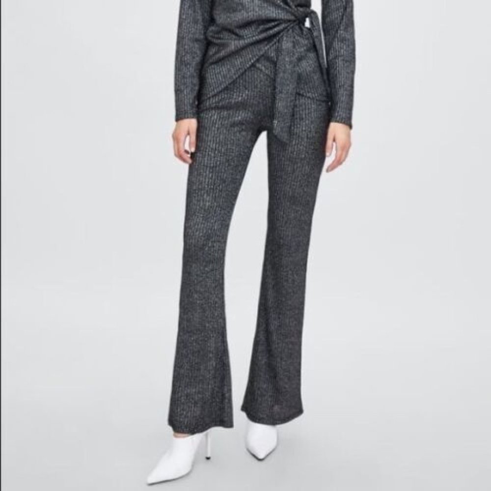 ZARA Metallic Silver/Black Ripped Flare Pant & Wrap Top - Matching Set - Medium